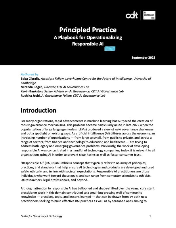Principled Practice: A Playbook for Operationalizing Responsible AI (CDT, Sept 2025)